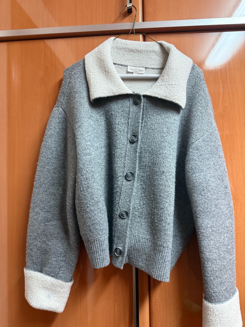 LOFT Gray Button-Up Sweater with Cream Contrast Collar & Cuffs